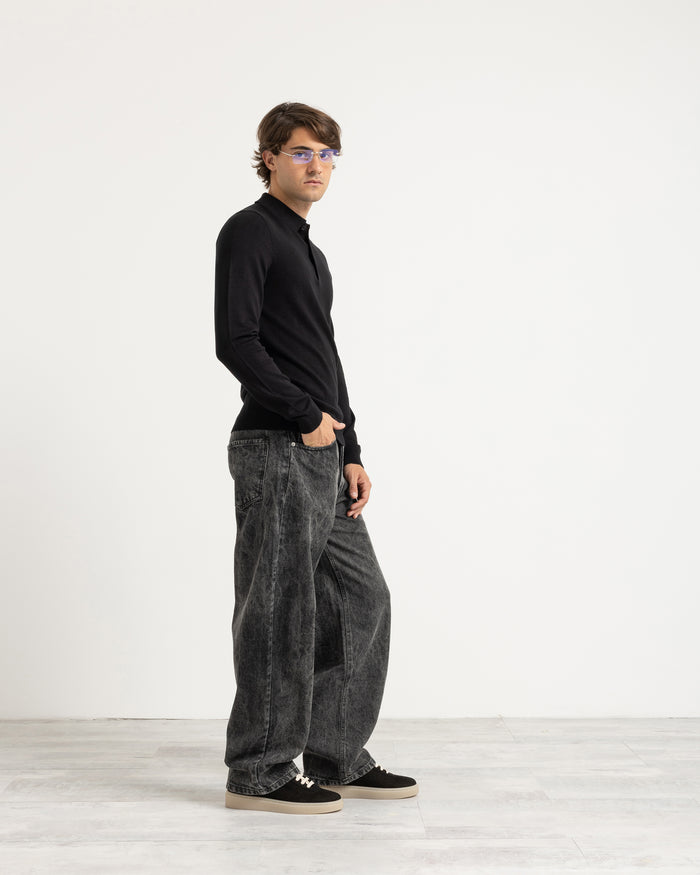 Polo in maglia manica lunga - Nero